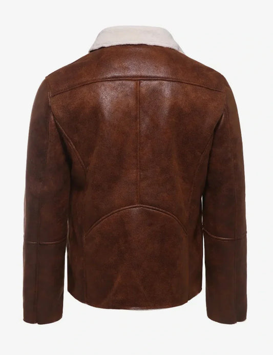 Sheepskin Sherpa Fleece Winter Jacket in Rich Brown Leather