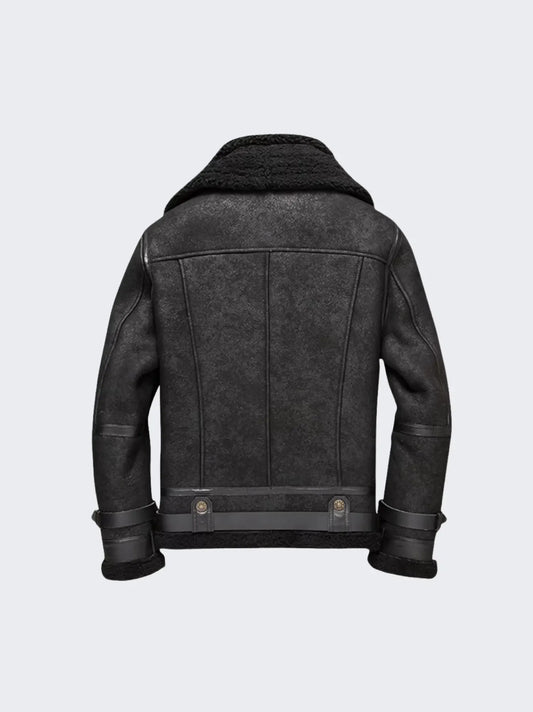Oversized B3 Black Shearling Leather Bomber Jacket