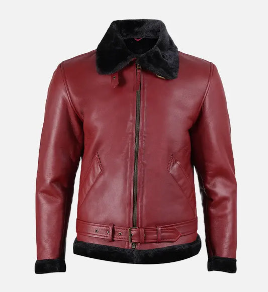 Mens Maroon Leather Shearling Jacket