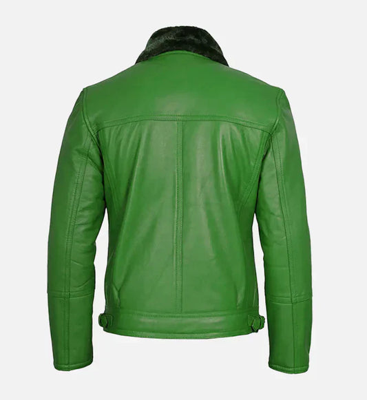 Green Shearling Leather Moto Jacket for Men