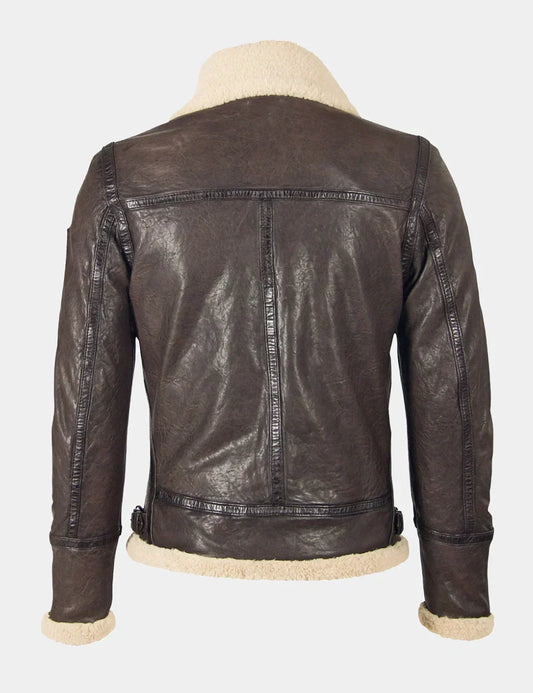 Dark Brown Aviator Leather Jacket with Shearling Collar