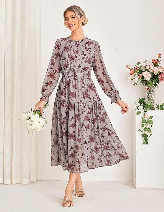 Floral Chiffon Long Sleeve Maxi Dress
