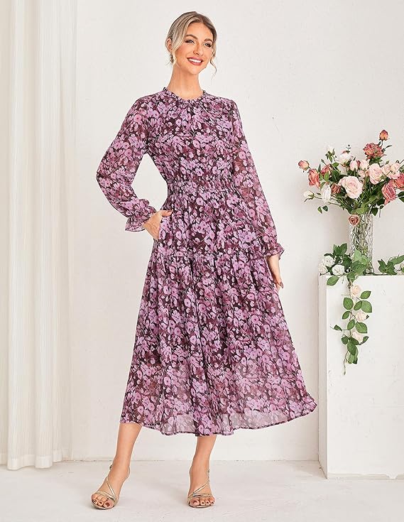 Floral Chiffon Long Sleeve Maxi Dress