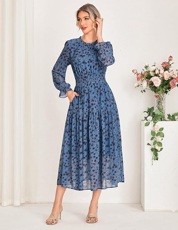 GRACE KARIN floral chiffon long sleeve maxi dress front view