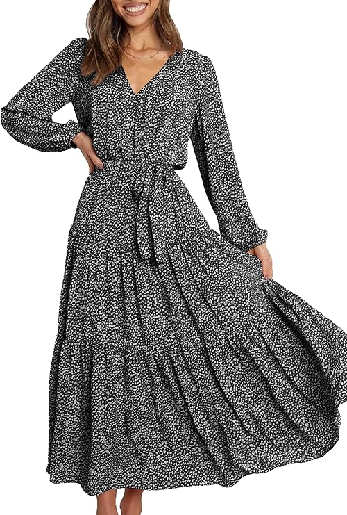 PRETTYGARDEN boho floral long sleeve wrap maxi dress front view