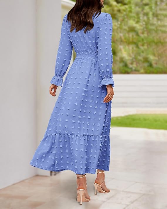 Side view of Swiss dot long sleeve maxi dress with elastic waist